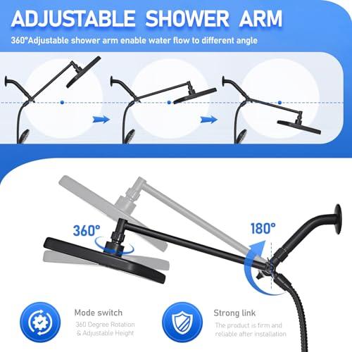 Seacity Wide Rain Shower Head With 5 Modes Handheld Showerheads, High Pressure Showerhead Combo with Extension Arm for Bathroom Accessories, Adjustable Shower Head with Anti-Clog N