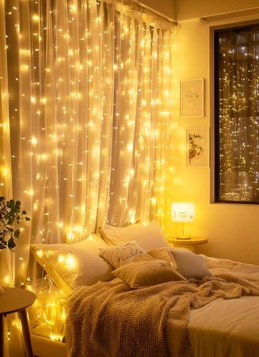 Brightown 300 LED Fairy Curtain Lights, 9.8ft x 9.8ft Warm White Curtain String Lights, USB Plug in 8 Lighting Modes Christmas Decoration, Hanging Lights with Remote