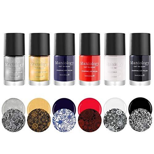 Maniology Essentials Primary Stamping Polish Set | 6-Piece Basic Nail Art Colors Collection (Silver, Gold, Dark Blue, Red, White, Black) – 13ml Bottles for Creative Nail Art Design