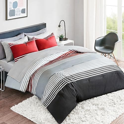 Comfort Spaces Queen Comforter Sets with Sheets - Bed in a Bag 9 Pieces Teen Bedding Sets, Red and Grey Stripes Bedding Queen, College Queen Bed Set with 2 Side Pockets Bedroom Org