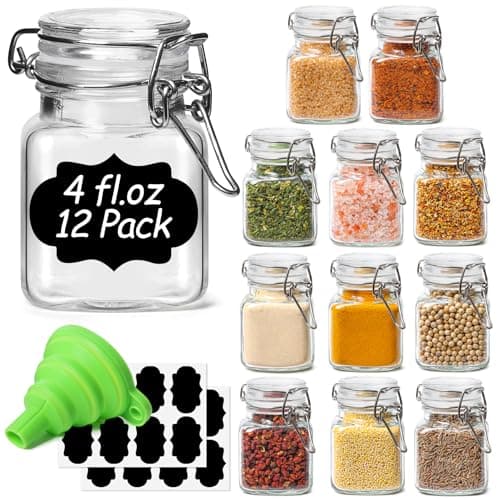 ComSaf: 12 Frascos de Vidrio Cuadrados para Especias (4 oz) con Tapa Hermética y Cierre de Alambre, Embudo y Etiquetas
