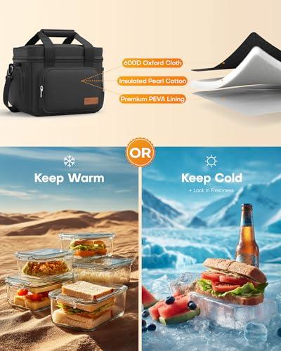 HOTOR Lunch Box for Men and Women - Leak-Proof Insulated Lunch Cooler Bag with Adjustable Strap, Multiple Pockets for Office, Picnic, Hiking, Beach, 1 Layer, 8L, Black, 9.8" x 8.7"