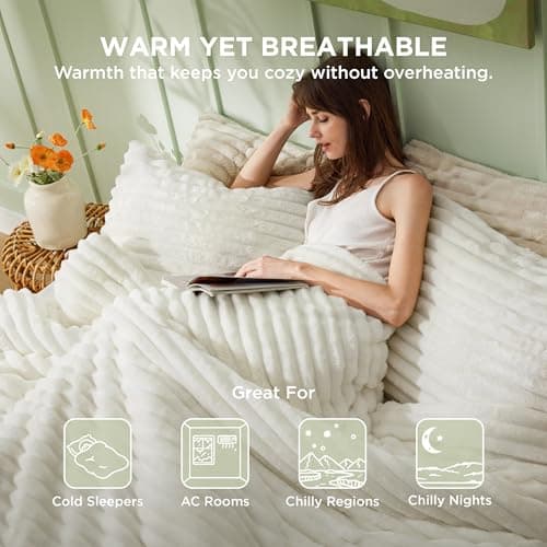 Bedsure Queen Fluffy Comforter Set - GentleSoft 3 Pieces Luxury Fleece Cream White Bedding, Cozy Room Decor Aesthetic, 1 Queen Bed Comforter (90"x90") and 2 Pillowcases (20"x26") thumbnail 5