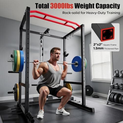 SPORTSROYALS Power Rack, Multi-Functional Power Cage, Squat Rack with Pulley System & LAT Pull Down, Workout Cage with J Hooks for Home Gym thumbnail 2