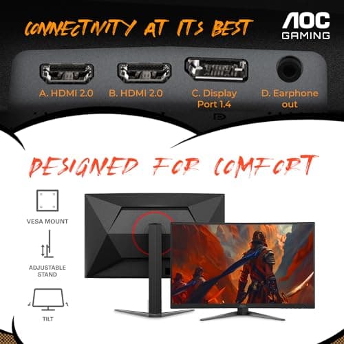 AOC C27G4H 27" Curved Gaming Monitor, FHD 1080p, 180Hz, Adaptive Sync, Height Adjustable, 3-Year Zero Dead Pixel Guarantee, Black, Xbox PS5 Switch Compatible thumbnail 6
