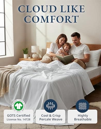 LANE LINEN Eco Friendly 100% Organic Cotton Queen Sheet Set, Soft & Comfy Fully Elasticized 15" Deep Pocket Bed Sheets, Low Pill Naturally Cooling Machine Wash Sábanas Queen- White