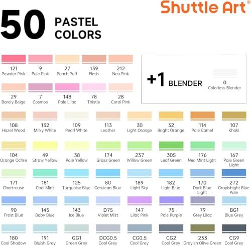 Shuttle Art Pastel Alcohol Markers Brush tip, Dual Tip Brush & Chisel Tip Art Marker Set, 50 Colors plus 1 Blender Marker Pens with Case Perfect for Illustration Students Adults Co