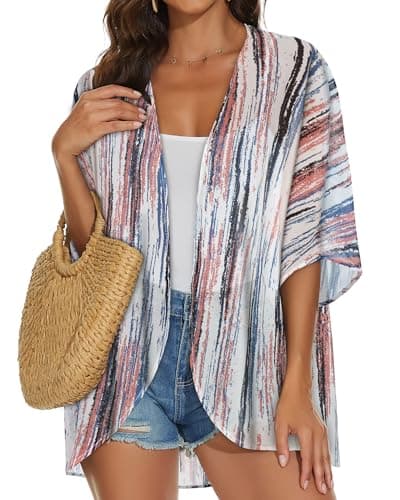 Womens Kimono Cardigans Beach Cover ups Swimwear Puff Sleeve Loose Casual Summer Tops (Tiedye Multi,L) thumbnail 3