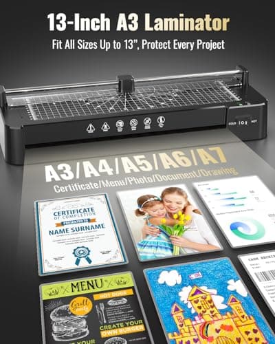 13in Laminator Machine with Sheets 50pcs + Paper Trimmer + Corner Rounder + Scale Line, 11x17 / ABS Anti-Jam |Dual Hot and Cold Mode | 90s Fast Preheat for A3/A4/A5/A6 Home Office 