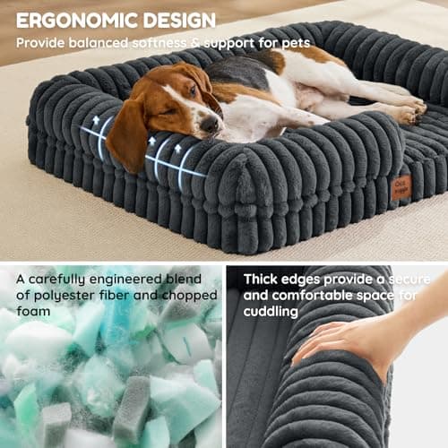 ChiXnuggle Faux Fur Orthopedic Dog Bolster Bed, Waterproof Washable Cover | rectangular dog sofa couch,egg crate foam,non-slip bottom,for large dogs,dark grey,35*28*7 thumbnail 3