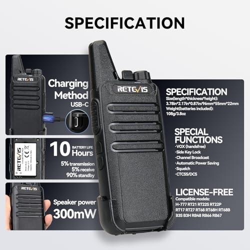 Retevis RT22 Walkie Talkies for Adults, Two Way Radios Long Range Rechargeable, VOX Handsfree, Mini Compact Walkie Talkie with USB Charger, for School Church Restaurant (6 Pack) thumbnail 7