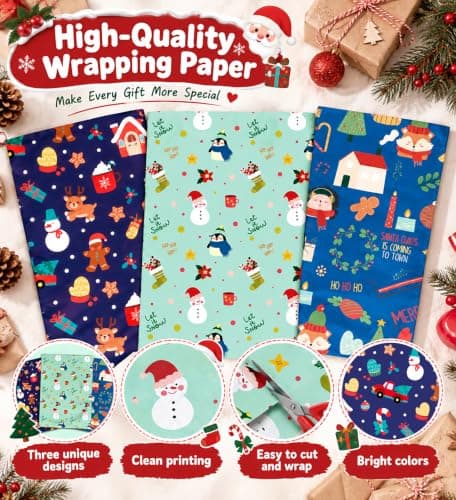 Papel de Regalo Navideño Jumbo | Diseño Muñecos de Nieve, Árboles y Santa