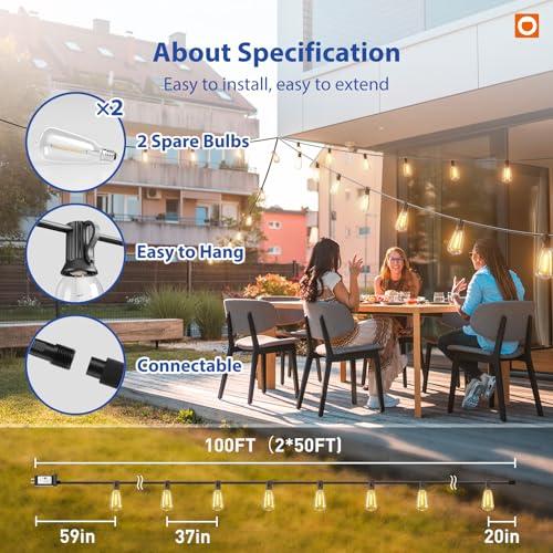 addlon 100FT LED Outdoor String Lights with Remote Waterproof Patio Lights with Shatterproof ST38 Replaceable Bulbs, Dimmable Outside Hanging Light Connectable for Porch, Backyard thumbnail 5