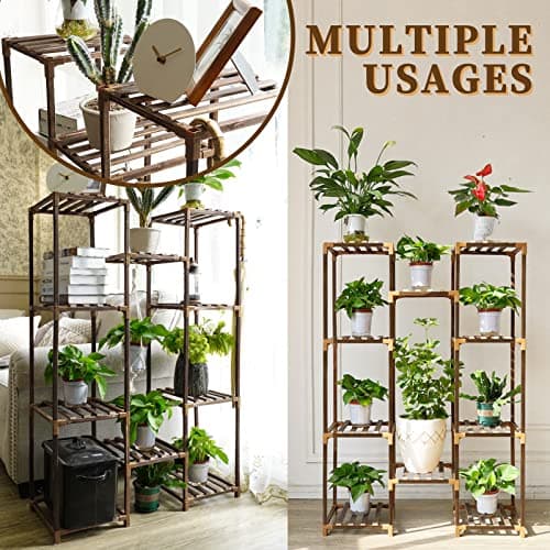 Uneedem Plant Stand Indoor Outdoor, Tall Plant Shelf for Multiple Plants, 10 tiers 11 Pot Large Plants Holder Rack Wood Plant Shelves for Room Corner Balcony Garden Patio