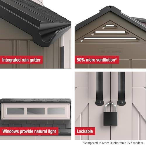 Rubbermaid Large Resin Outdoor Storage Shed With Floor (7 x 7 Ft.), Weather Resistant, Brown, Organization for Home/Lawn Mower/Backyard Equipment/Bike Storage/Pool Supplies thumbnail 7