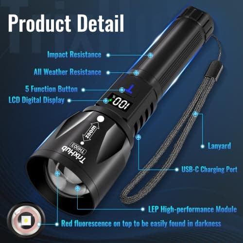 TrixHub Rechargeable LED Flashlights High Lumens 2Pack, Super Bright Zoomable Handheld Flash Light with LCD Digital Display, Powerful Emergency Linternas, Waterproof, Long Lasting, thumbnail 6