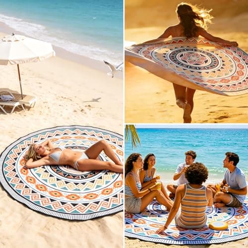 HIHOHO Round Beach Blanket Sandproof Waterproof Durable Quick Drying Portable Large Picnic Blanket fits 1-8 Adults 80"-110" Outdoor Beach Mat Essentials for Camping,Yoga,Traveling thumbnail 6