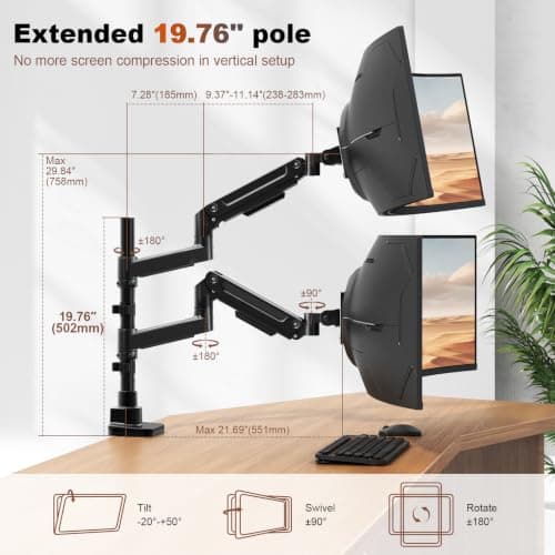 Dual Monitor-Arm Heavy-Duty for 17-49-inch Screens - Premium Vertical Stacked Dual Monitor Arm Desk Mount for Ultrawide Screens up to 44lbs, Fully Adjustability, VESA 75/100 mm, Bl thumbnail 3