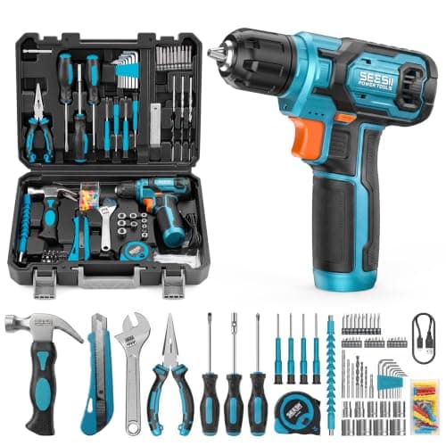 Seesii Cordless Drill Set, 108 Pcs Home Tool Kit, 12Nm Torque & Battery | Steel Bits for DIY Home Repair & Furniture Assembly, Flexible Shaft, 3/8" Keyless Chuck, Housewarming Gifts for Men Dad