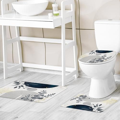 Set de 4 Piezas para Baño Riyidecor: Cortina, Tapa de Inodoro y Tapetes Antideslizantes Boho Azul Marino