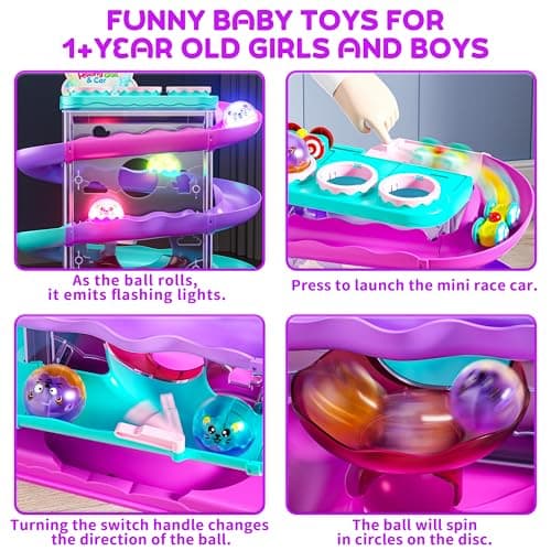 2-in-1 Rolling Ball & Car Ramp Race Track for Toddlers, Hammer Ball Drop Toy for Boys & Girls, Interactive Toys w/Sensor Lights - Montessori STEM Learning Toys - Brithday Gift for 