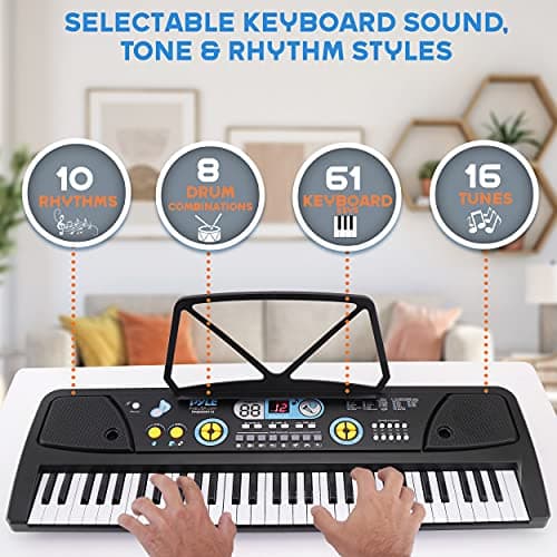 PYLE Electric Piano, Electric Keyboard Piano, Music Keyboard - 61 Keys, 16 Tones, 10 Rhythms, Stereo Speakers, Rechargeable Battery, Wired Microphone Included, Perfect for Kids and