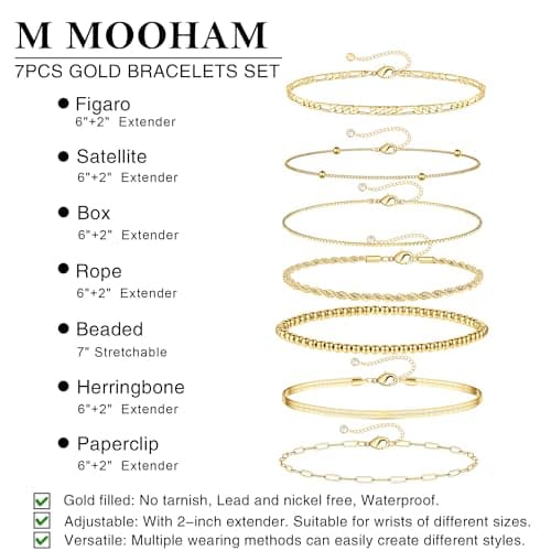 M MOOHAM Pulseras de Oro 14K para Mujer - Set Apilable de 7 Estilos