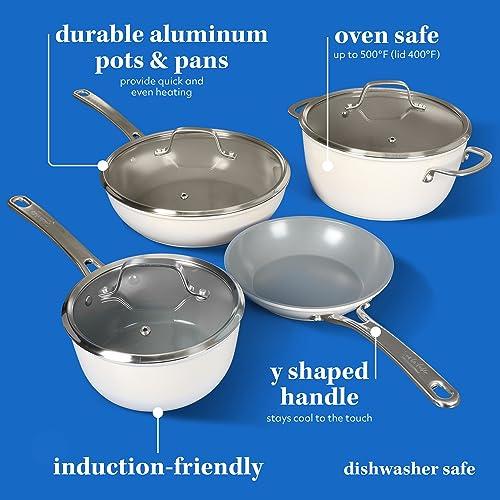 Sur La Table Kitchen Essentials 10 Piece PFA Free Non-Toxic Titanium Ceramic Nonstick Interior Forged Aluminum Cookware Pots and Pans Set - Linen White - Induction Compatible thumbnail 3