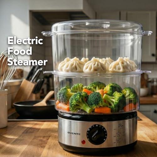 OVENTE 2-Tier Electric Food Steamer, 5 Quart Stainless Steel Stackable Steam Cooker with 400W Power, 60-Minute Timer & Auto Shut-Off, Dishwasher Safe, Healthy Vegetable & Seafood S thumbnail 8