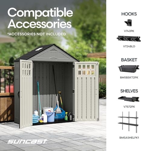 Caseta de Almacenamiento Vertical Suncast Everett 6x3 ft - Resina, Exterior, Piso, Ventanas, Claraboya y Puertas Dobles Seguras