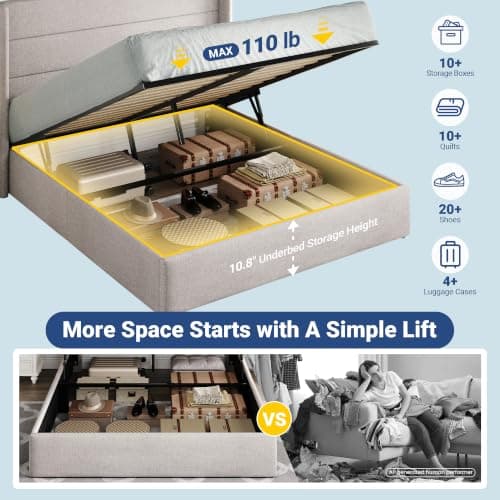 Allewie Queen Size Lift Up Storage Bed, Modern Wingback Headboard, Hydraulic Support, No Box Spring Needed, Light Beige thumbnail 3