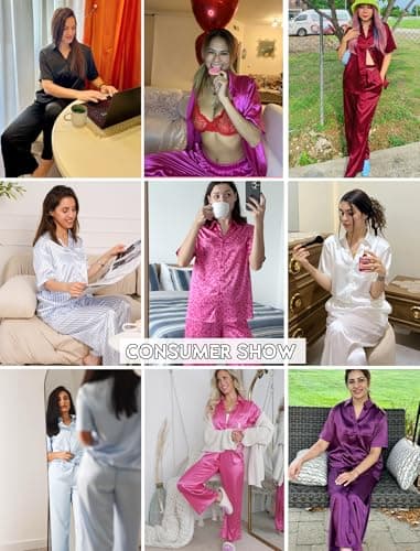 Miniatura de Pijama de Satén Ekouaer para Mujer: Set 2 Piezas, Suave, Botones, Pantalón Ancho con Bolsillos - Negro 5