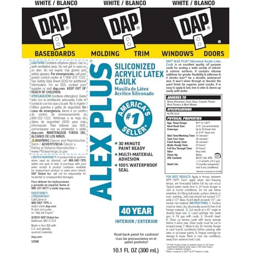 DAP Alex Plus Acrylic Latex Caulk, White, 10.1 Oz (7079818152) thumbnail 8