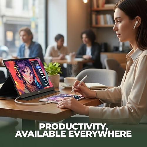 AOC 16T20 Portable Monitor 15.6" FHD 1080p IPS Display, USB-C, Mini HDMI, Built-in Speakers, Travel Monitor with Smart Cover, Compatible with Laptops, MacBook, Gaming Console Ready