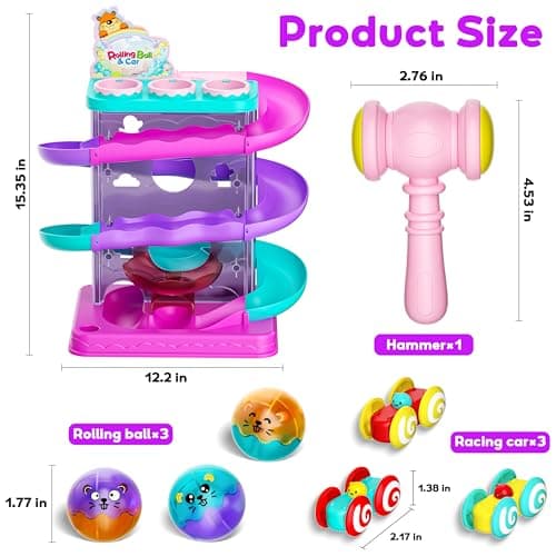2-in-1 Rolling Ball & Car Ramp Race Track for Toddlers, Hammer Ball Drop Toy for Boys & Girls, Interactive Toys w/Sensor Lights - Montessori STEM Learning Toys - Brithday Gift for 