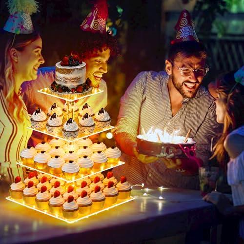 Miniatura de YestBuy 4 Tier Cupcake Stand Acrylic Tower Display with LED Light Premium Holder Dessert Tree Tower for Birthday Cady Bar Décor Weddings, Parties Events (Yellow Light) 2