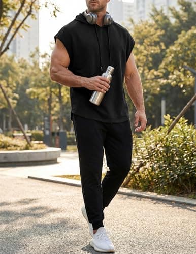 JMIERR Men's Sleeveless Drawstring Hooded Tank Tops Muscle T-Shirt - Casual Spring Summer Fitted Cotton Hoodies Sweatshirts Tee Shirt for Gym Workout Daily Wear, M, Black thumbnail 6
