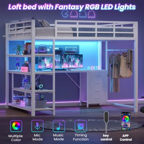 Miniatura de Cama Loft Matrimonial UPOSOJA con Escritorio en L, Cajonera, Estantes, Luz LED y Contactos 3