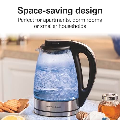 Hamilton Beach Electric Tea Kettle, Water Boiler & Heater, 1 Liter, 1500 Watts for Fast Boiling, BPA Free, Cordless Serving, Auto-Shutoff & Boil-Dry Protection, Blue LED, Glass (40