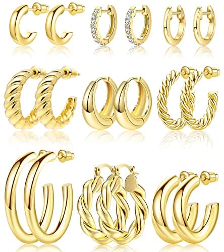 Set de Aretes de Argolla Adoyi Bañados en Oro 14K - 9 Pares Variados