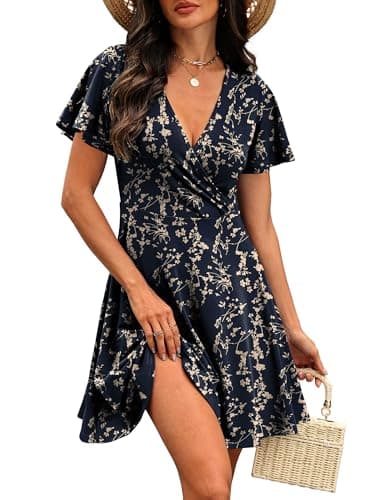 Dresses for Women 2026 Casual Wrap V Neck Knee Length Lightweight Cottagecore Summer Dress Mothers Outfits Floral Navy 03 L