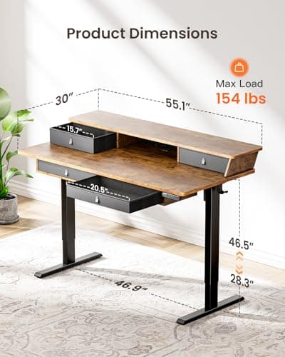 ErGear 55 X 30 Inch Electric Standing Desk with 4 Drawers, Height Adjustable Desk with Storage, C-Clamp Mount Compatible, Home Office Table with Cable Management Tray, Vintage Brow thumbnail 3