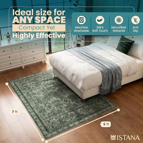 Istana 5x7 Area Rug - Dark Green Rugs for Living Room 5x7 - Foldable Rugs for Bedroom - Stain Resistant Washable Rug - Eco-Friendly Boho Area Rugs - Easy to Clean Living Room Rug thumbnail 2