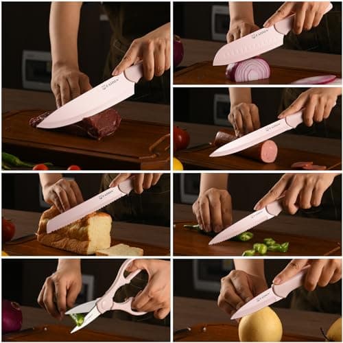 Juego de Cuchillos de Cocina Antiadherentes KATISUN, Rosa, 13 Pzas con 6 Fundas
