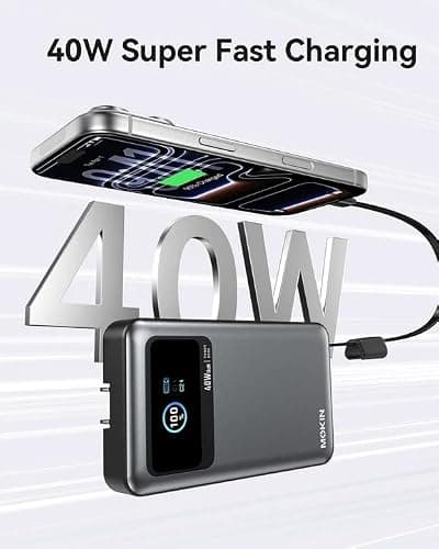 MOKiN 3-in-1 Power Bank,10000mAh 40W Portable Charger with Foldable Plug,Built-in USB-C Cable & LCD Display,Travel Essential Phone Fast Charging Battery Pack,for iPhone 17/16,Samsung etc thumbnail 2