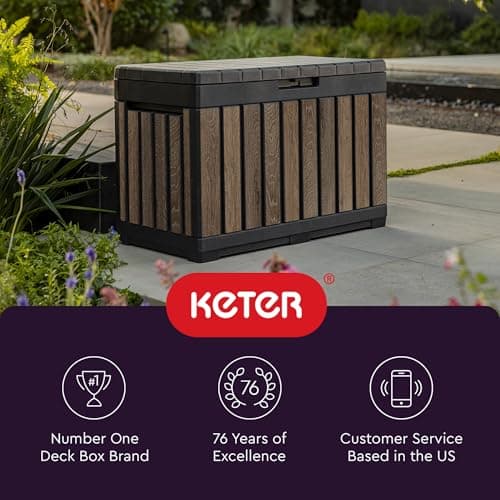 Keter Signature Everwood 50 Gallon Resin Deck Box-Organization and Storage for Patio Cushions, Throw Pillows and Garden Tools, Walnut