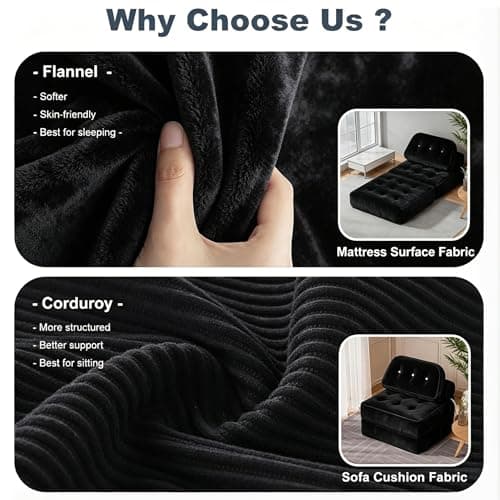 Sillón Cama Plegable NESLAKO de Franela con Almohada y Manta para Espacios Pequeños, Negro