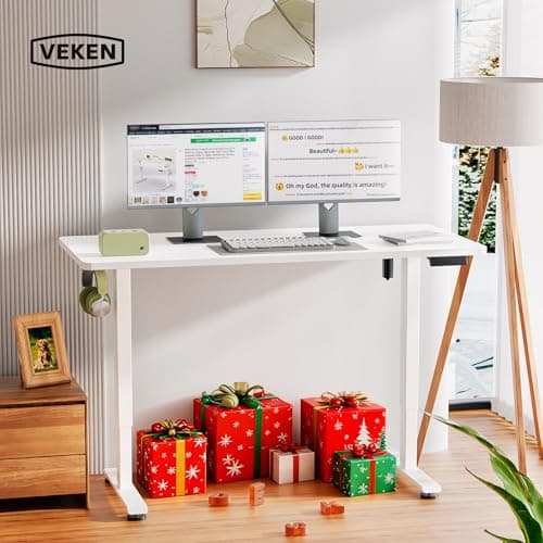 Veken 55 Inch Large Electric Standing Desk,Sit to Stand Up, Heights Adjustable, Work Home Office Computer Table for Study, Walking Pad, Writing, and Games, Wooden Desktop Desks, Wh thumbnail 2