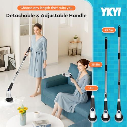 YKYI Electric Spin Scrubber,Cordless Cleaning Brush,Shower Cleaning Brush with 8 Replaceable Brush Heads,Power Scrubber 3 Adjustable Speeds,Adjustable & Detachable Long Handle,Voic