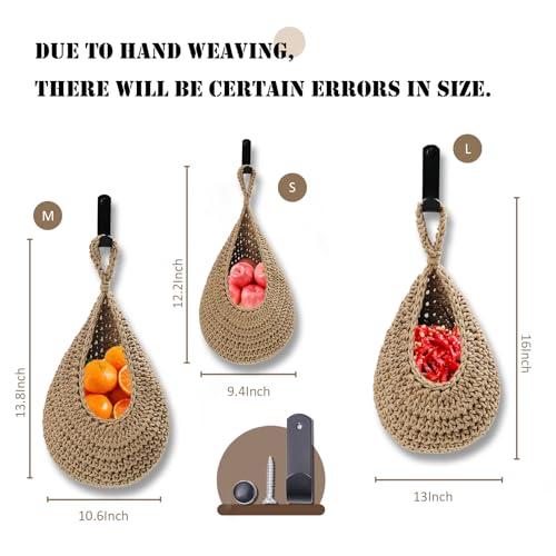 Miniatura de MKO SHUN Hanging Fruit Basket Set of 3, Boho Wall Hanging Storage Jute Basket for Organizing & Decor, Handmade Teardrop Hammock Holder for Onion Fruit Vegetable in Home & Restauran 2
